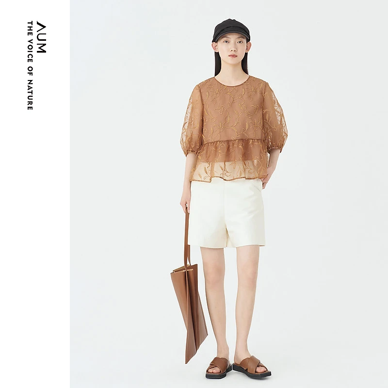 AUM噢姆夏日漫游新款欧根纱原创花稿麦穗刺绣七分袖衬衫M1DE32321