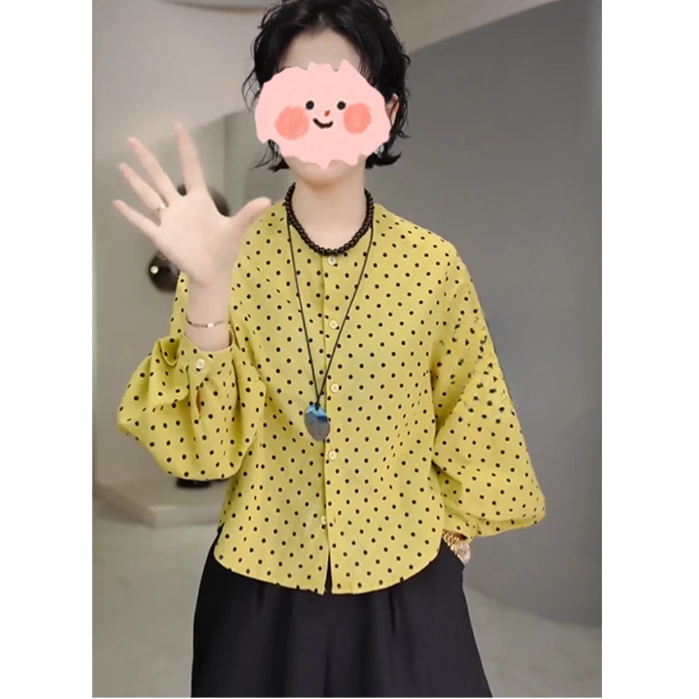 2025早春小众简约法式圆点圆领灯笼袖时尚洋气波点衬衫