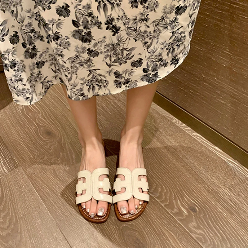 真皮版~拖鞋女款外穿夏时尚三亚度假海边沙滩鞋子平底凉拖一字h拖