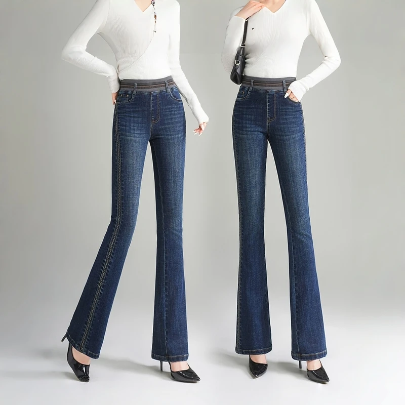 春秋新款时尚潮流减龄刺绣松紧腰微喇牛仔裤弹力显瘦显高百搭501