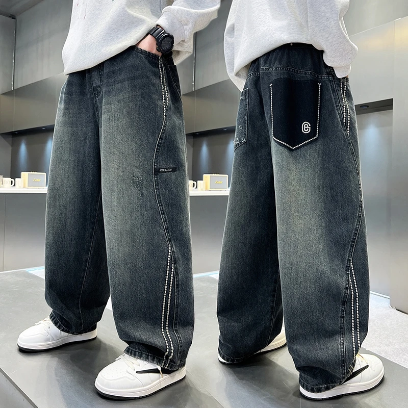 男童春秋款牛仔裤2025秋季新款中大童男孩外穿痞帅阔腿潮流牛仔裤