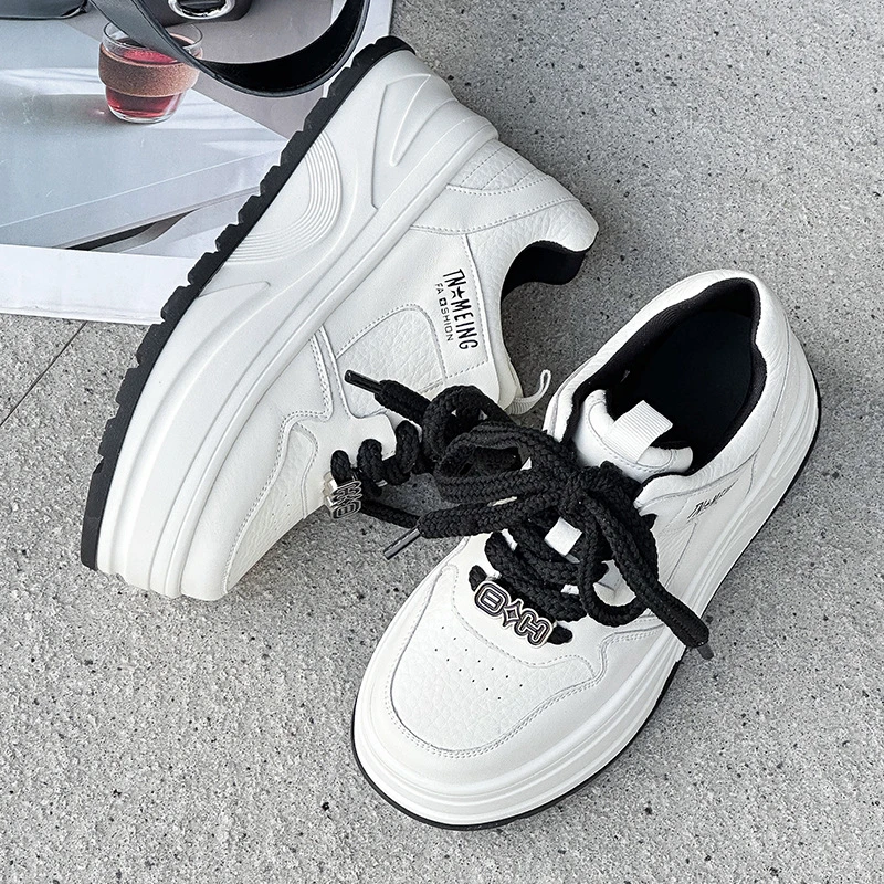 小白鞋女2025春秋新款韩版厚底增高真皮系带显脚小休闲百搭松糕鞋