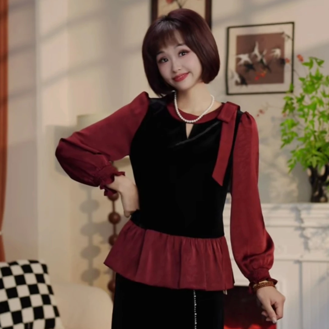 S021秋季时尚圆领拼接假两件套头百搭衬衫DM7