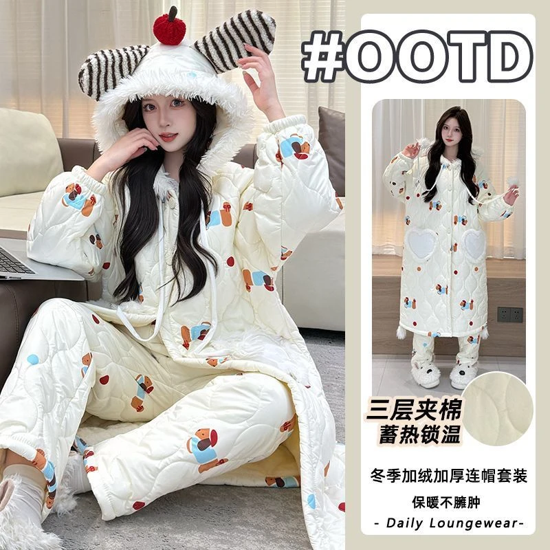 冬季连帽家居服加绒加厚2025年腊肠狗睡袍女士三层夹棉款卡通可爱