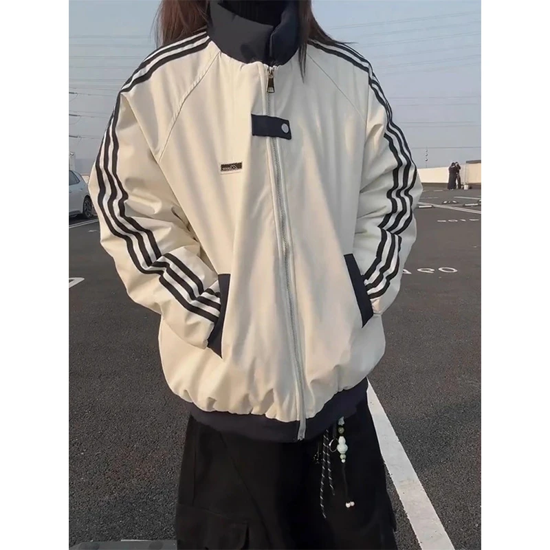 美式三条杠立领棉服外套男冬季学院风撞色运动棉衣夹克加厚棒球服