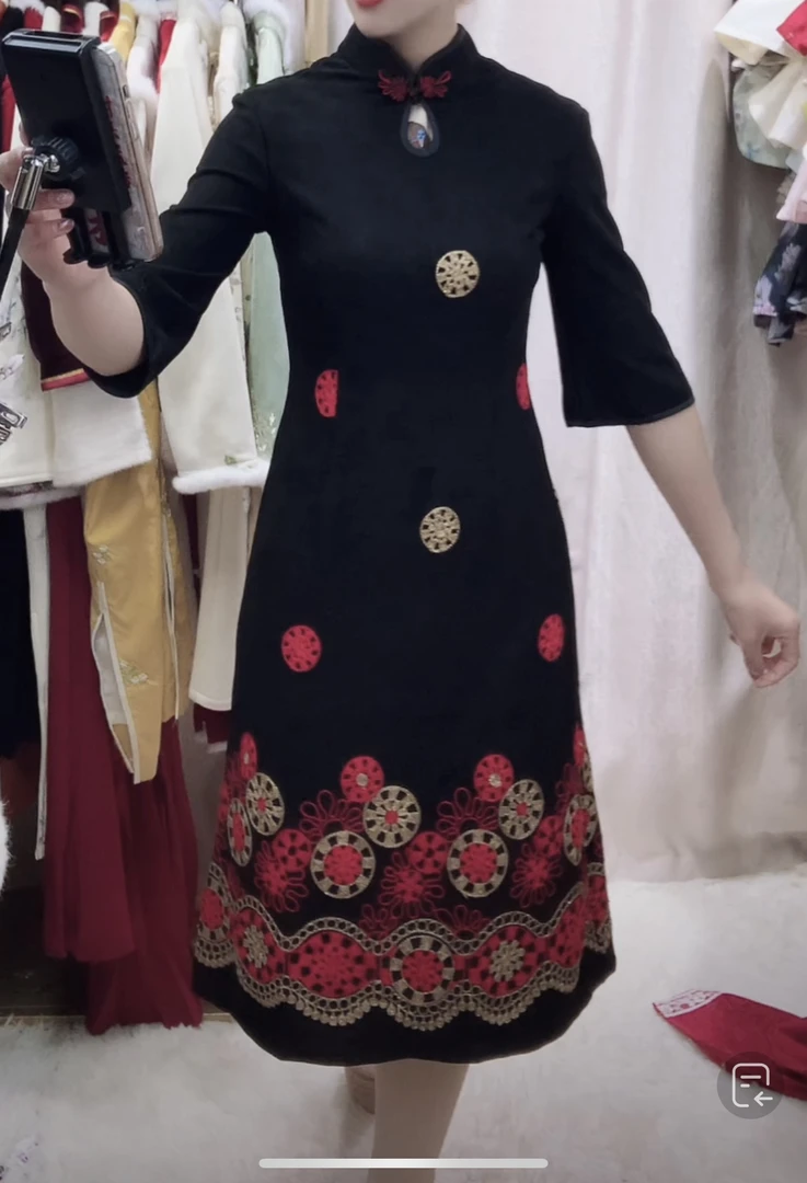 【2019 A版黑色 绣花】显瘦气质修身优雅复古中国风旗袍