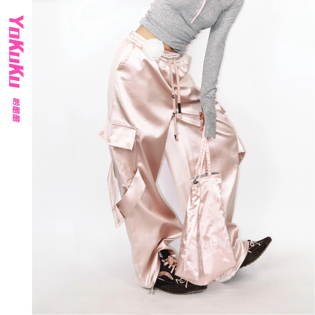 哟酷酷（魔镜月光）早春美式复古多口袋仿油蜡松紧腰头抽绳阔腿裤