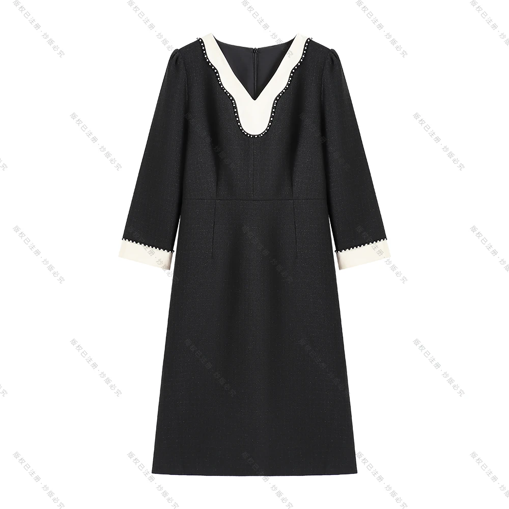 【南油玥玥】秋季V领拼接钉珠法式轻奢气质显瘦连衣裙