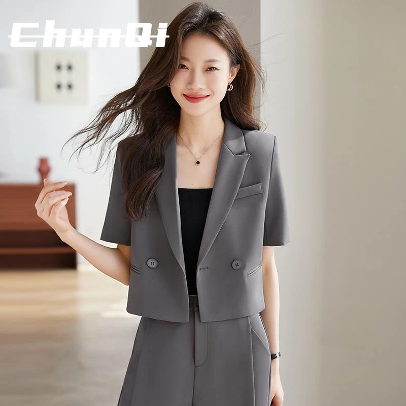 淳启灰色短袖西装外套女夏季新款正式场合职业装短款时尚西服套装