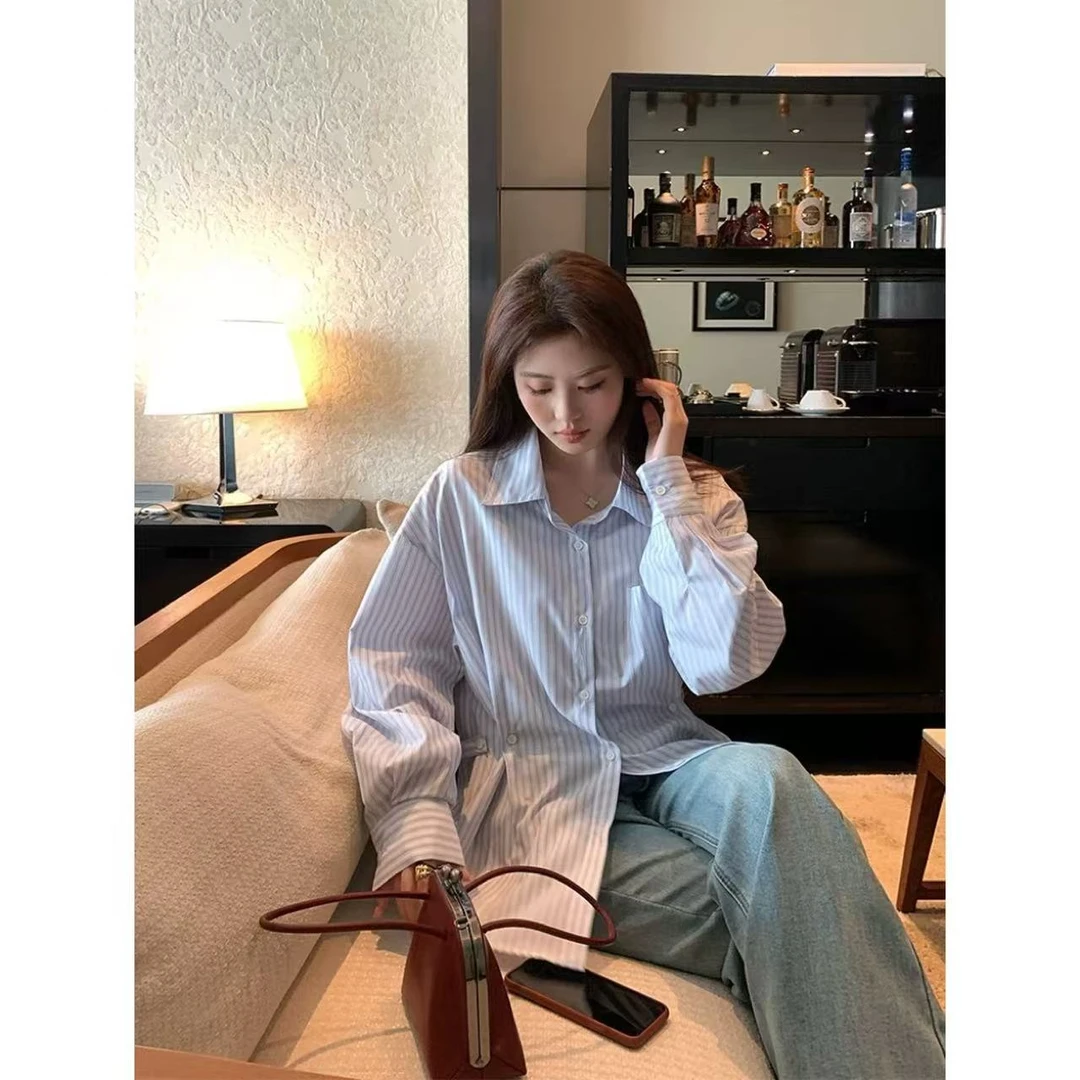 【现货秒发-NAZ微胖定制】设计感小众蓝纹掐腰显瘦衬衫