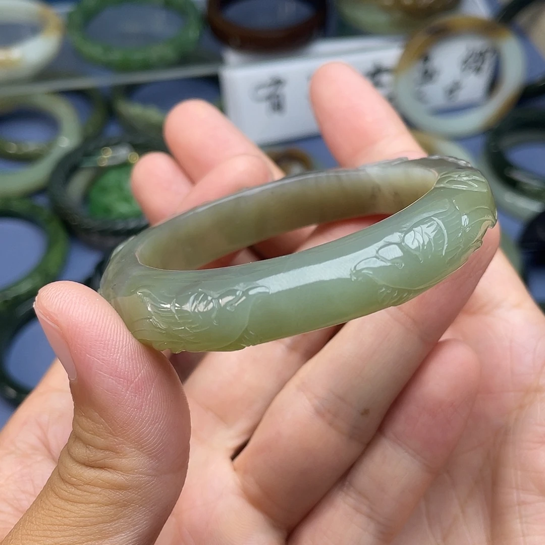 未镶嵌手镯和田玉（青白玉）双雀报喜镯54.8mm