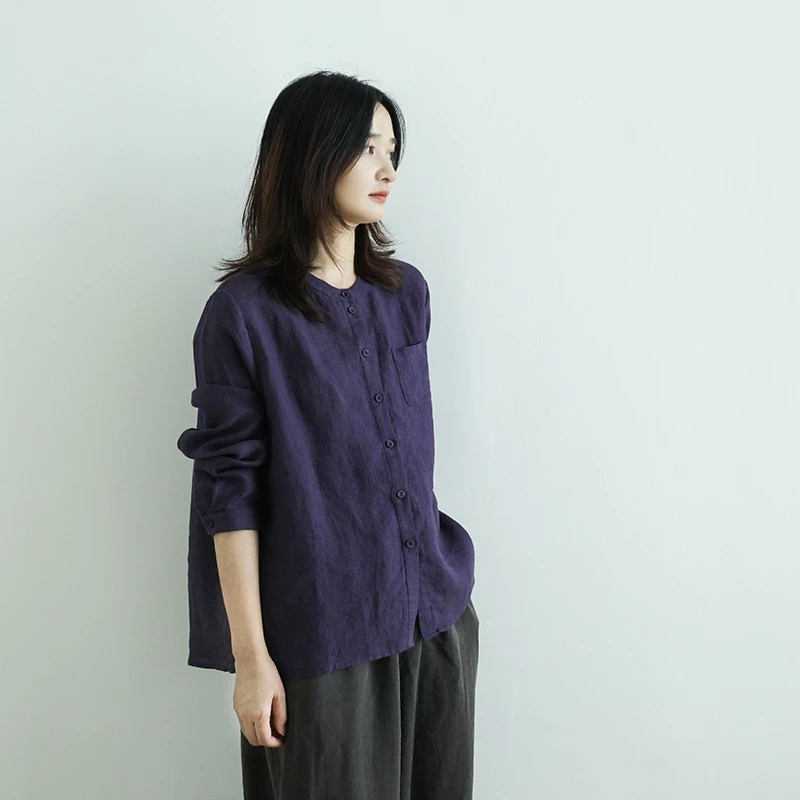 尘染士林染色织紫色圆领衬衫女2025早秋新款14支亚麻衬衣轻薄上衣
