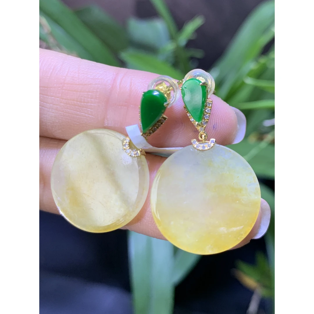 冰黄翡无事牌耳钉天然翡翠A货裸石：18.4*2.4mmTYM2.18