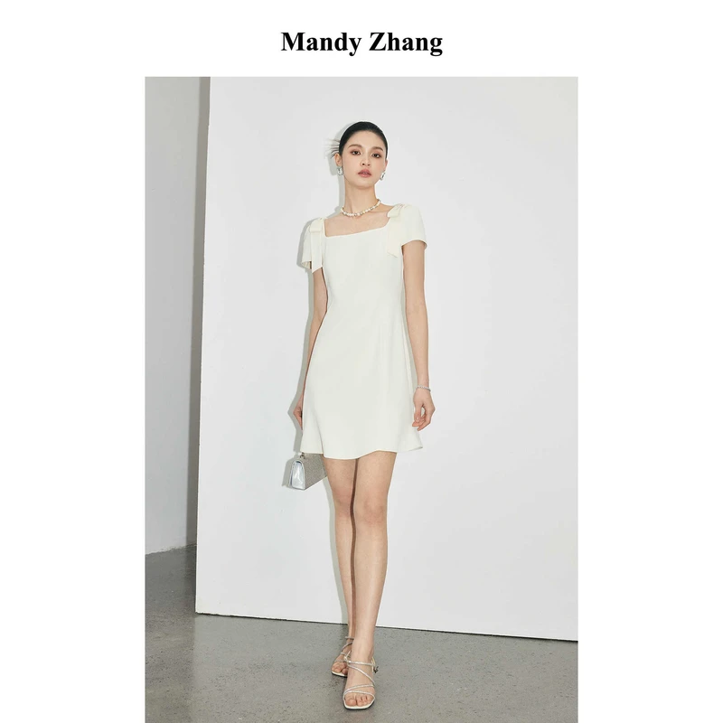 MandyZhang法式CHIC白色方领鱼尾连衣裙女夏气质蝴蝶结裙子