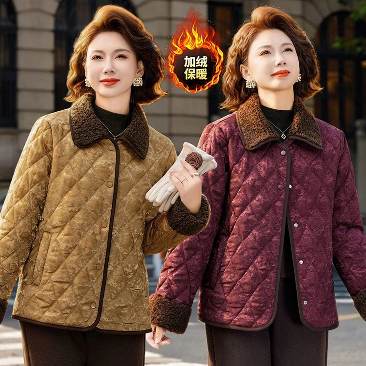 加绒中老年女装中年加绒短棉袄中年保暖加厚女装大码气质宽松冬季