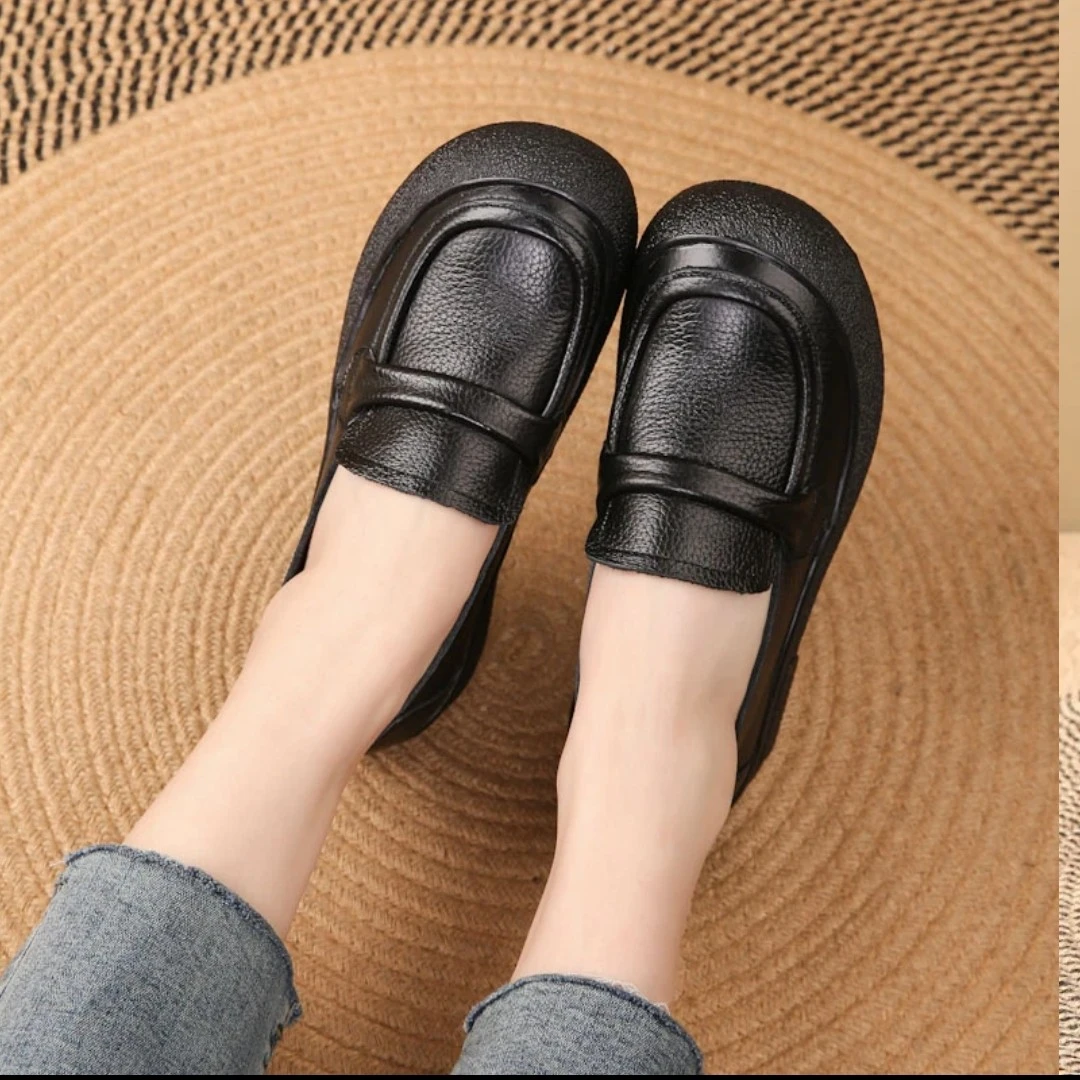 新款百搭头层牛皮女单鞋真皮时尚爆款复古上班妈妈鞋平底防滑软底