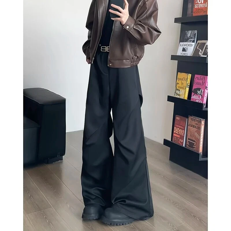 褶皱微喇休闲西裤男垂坠感高级感美式高街裤子cleanfit阔腿裤男生