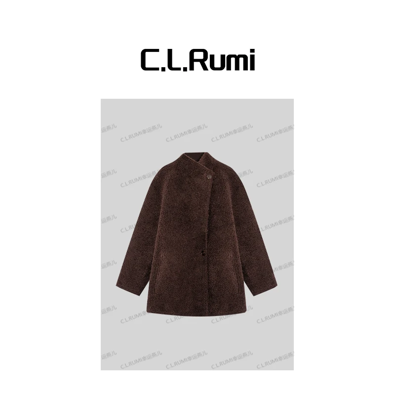 【Rumi精选】“深茶棕”秋冬短绒微卷羊毛外套宽松中长款大衣7212wt