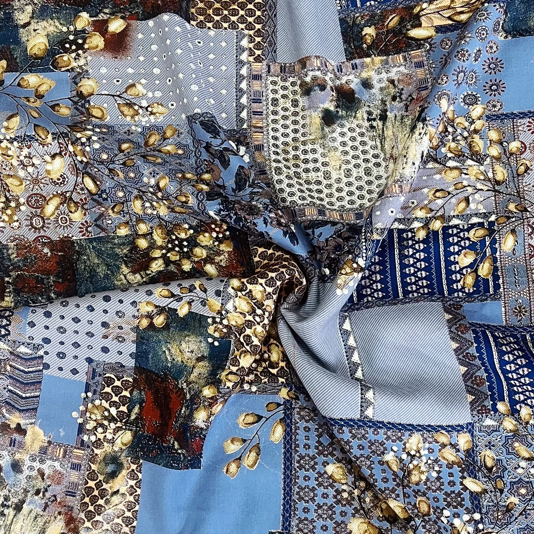 【云锦1店】241230-11号 雕印棉绸蓝格拼花民族风 服装布料面料