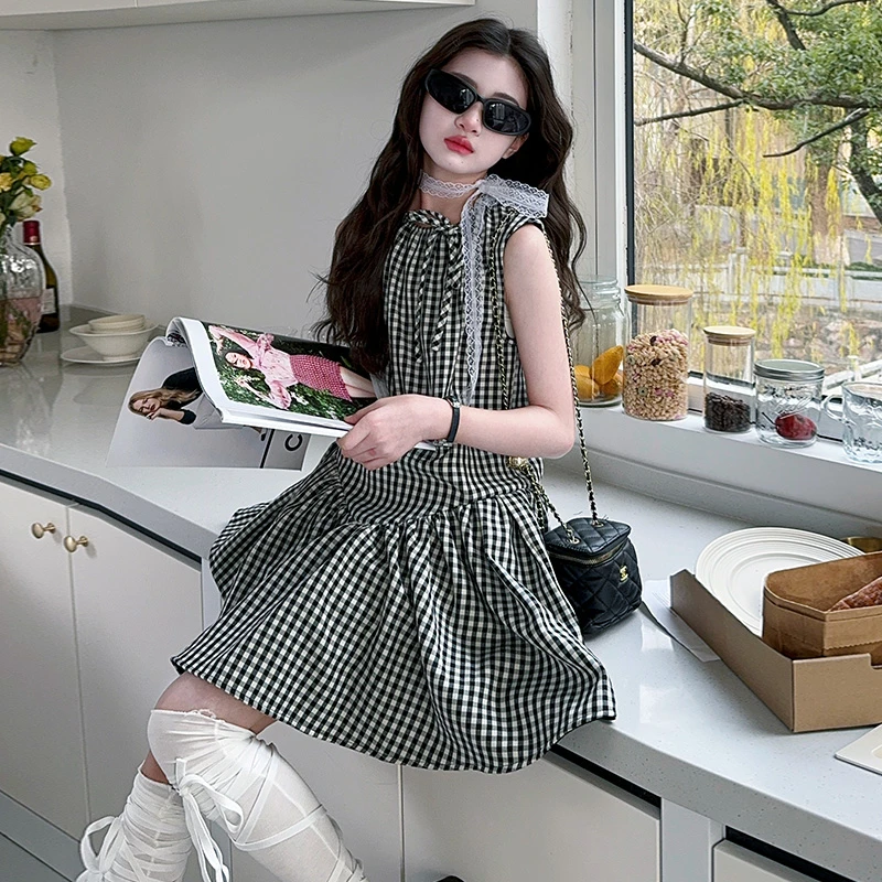 女童连衣裙夏季2025新款中大童韩版洋气背心裙女孩黑白格子公主裙