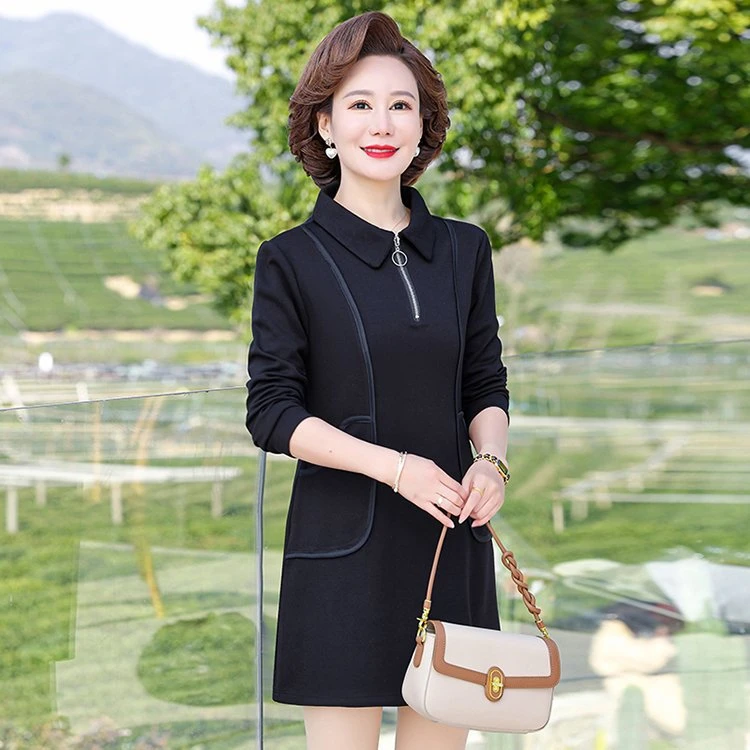 春秋长袖中款连衣裙中老年妈妈装显瘦修身休闲宽松裙子
