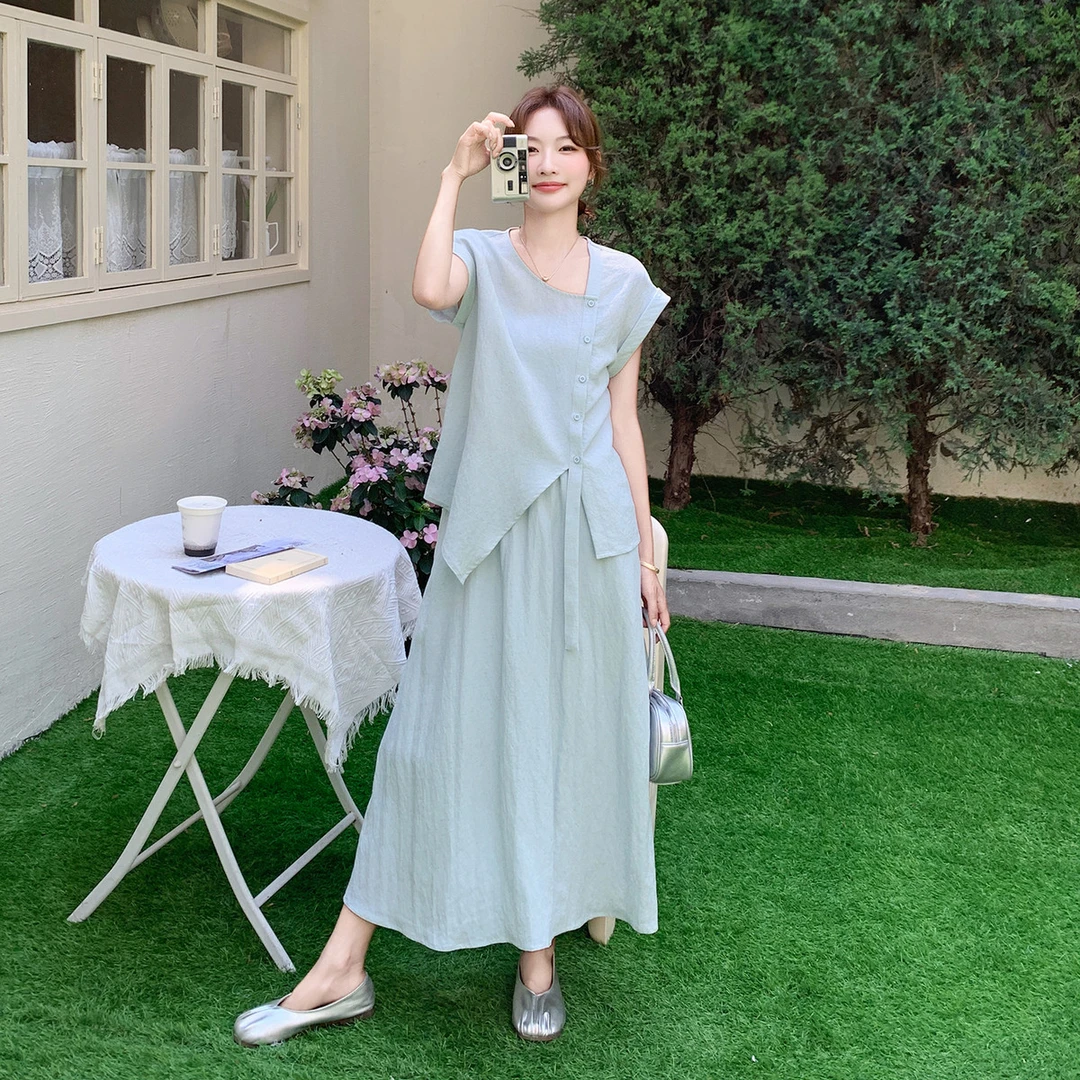 御姐轻熟风不规则上衣套装女夏季气质韩版高级感a字半身裙两件套