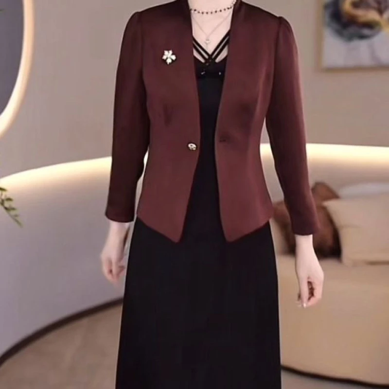 高档金丝缎两件套连衣裙2025春季新款洋气修身显瘦外套中长款裙子