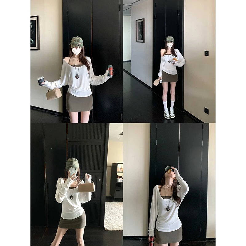 慵懒风松弛感女T恤早秋防晒罩衫宽松显瘦性感吊带背心上衣两件套