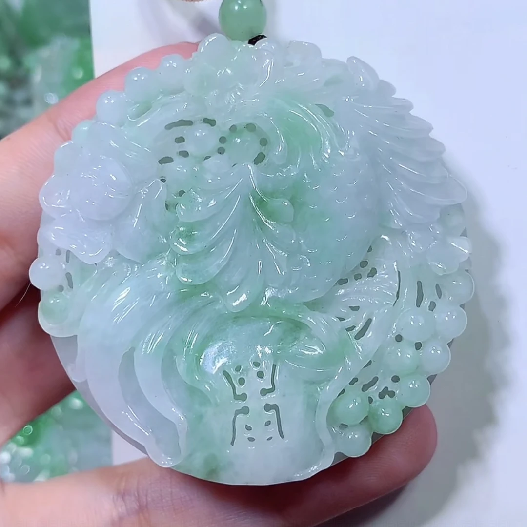 缅甸天然A货翡翠凤凰凤穿牡丹吊坠