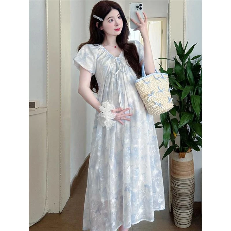 孕妇装2025新款高级感闪闪蝴蝶长裙夏季宽松遮肚不显怀气质连衣裙