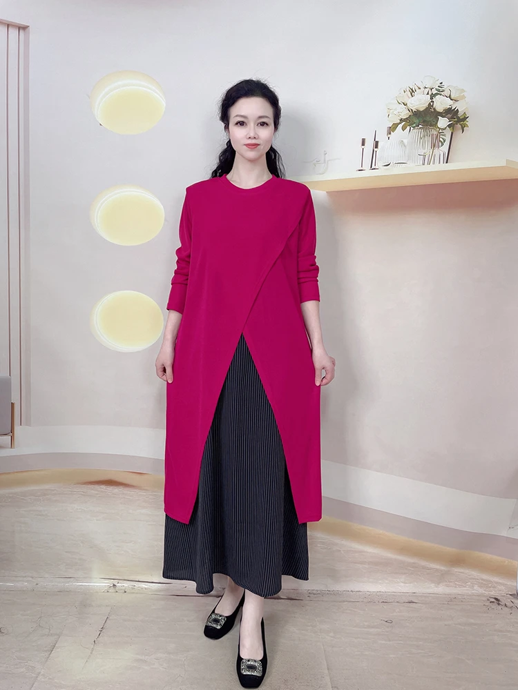 春夏款圆领长袖时尚交叉设计感纯色外搭气质显瘦两件套连衣裙2540