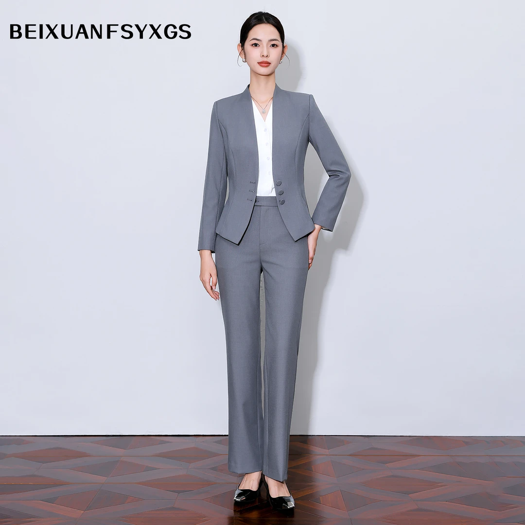 通勤灰色长裤职业女裤套装西装外套韩版衬衫春秋长袖气质A1002灰