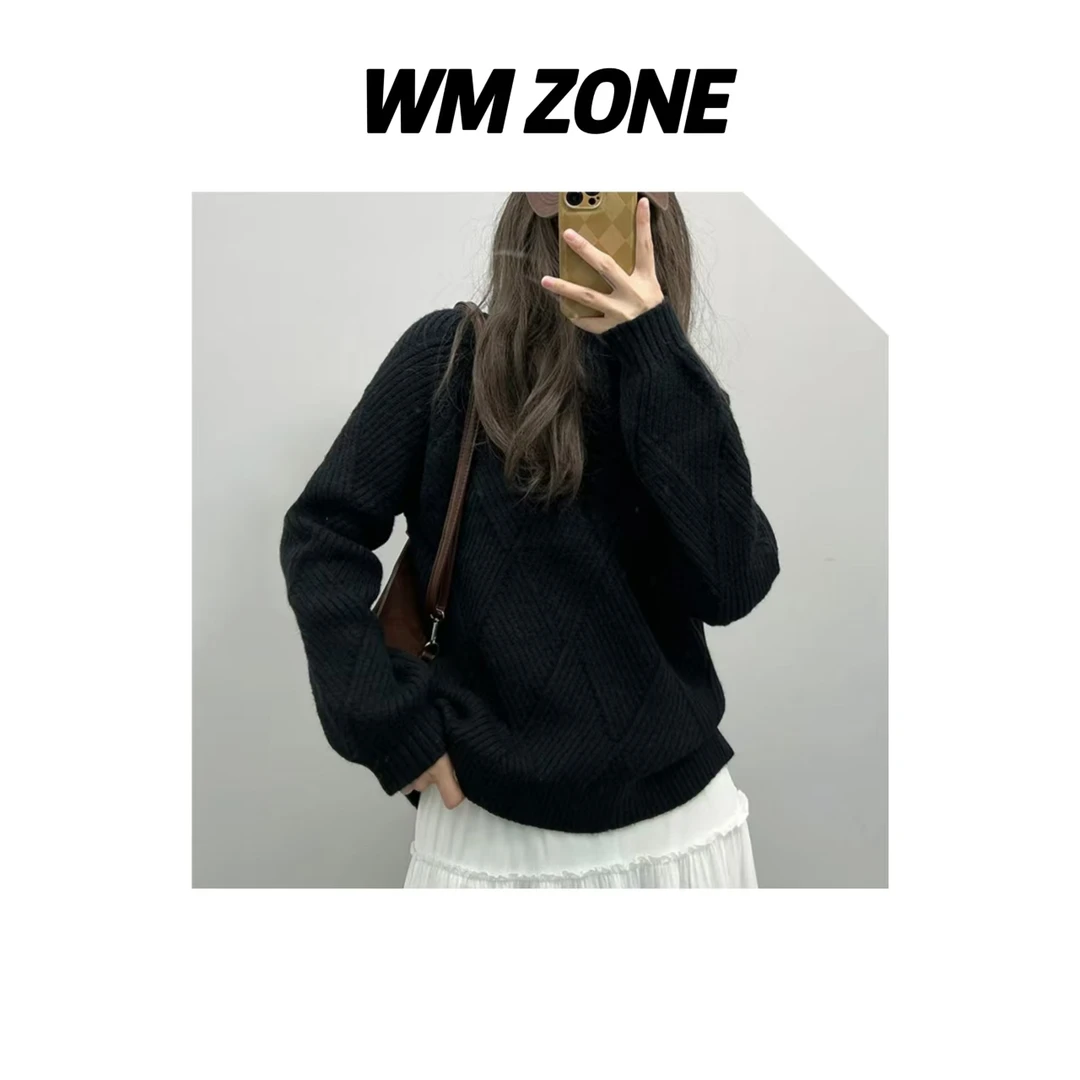 虎儿 3020 半高领菱格羊毛绒毛衣