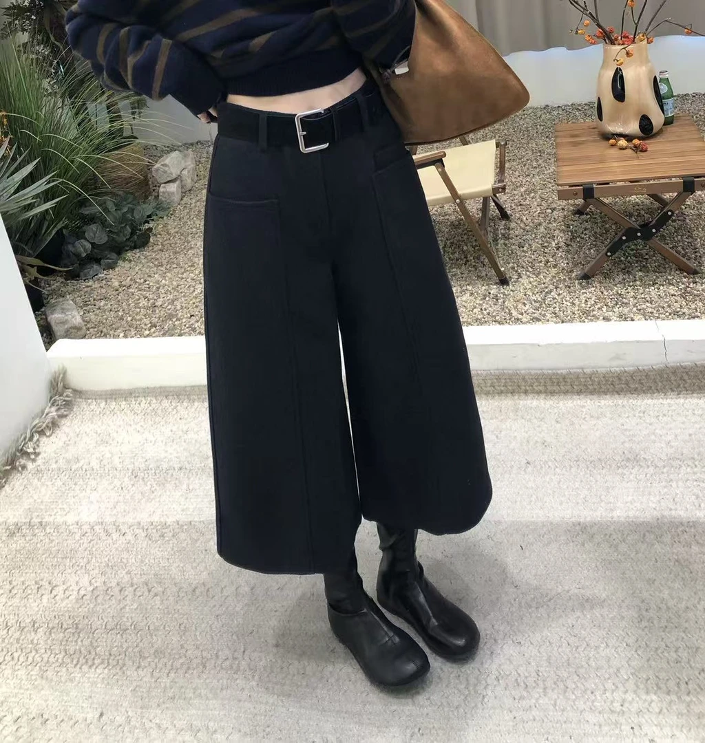 简‘老钱风显瘦高腰毛呢直筒阔腿7分中裤西装过膝高级感女（配腰带）