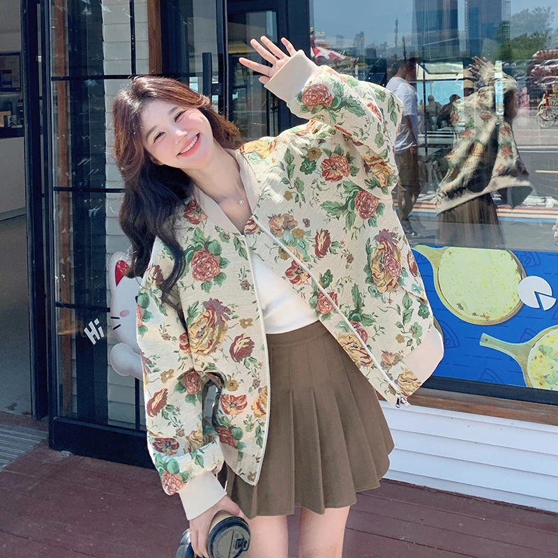 复古油画印花棒球服外套女春秋2025新款设计感超好看宽松夹克上衣