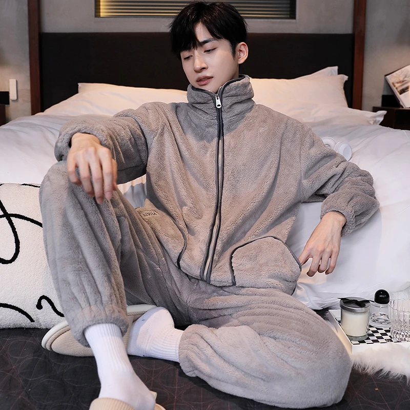 卡之恋男士睡衣冬季加厚保暖珊瑚绒灰色外套装简约青年运动家居服