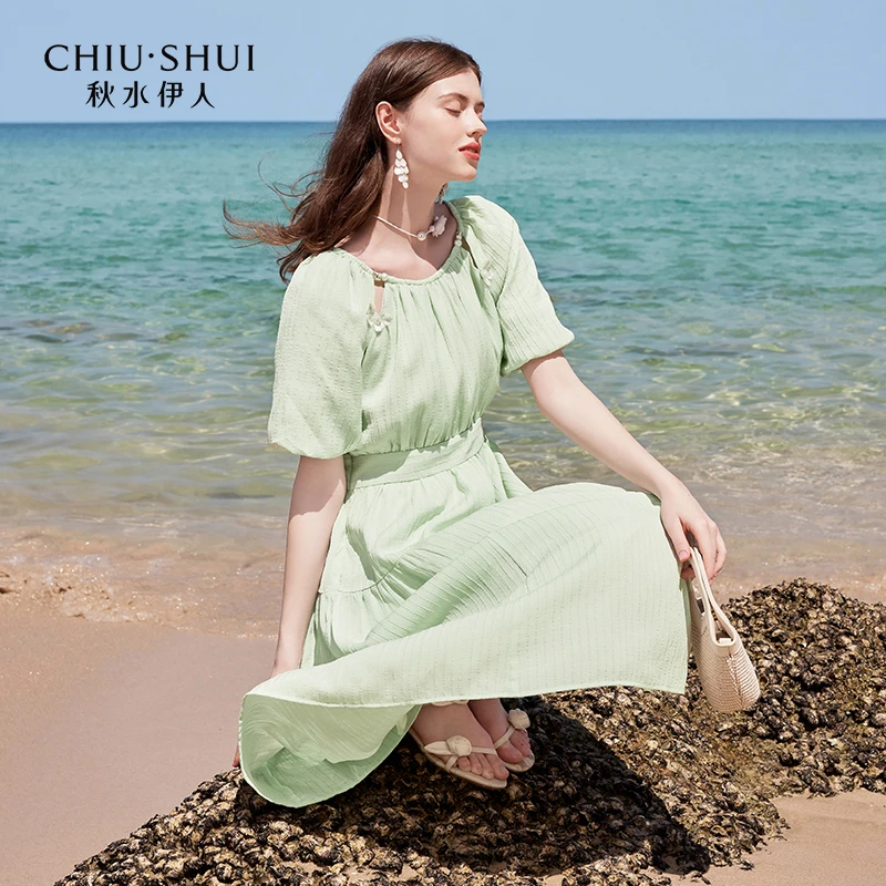 【奥莱】经典泡泡袖收腰中长款连衣裙夏季女时髦裙子624202A020016