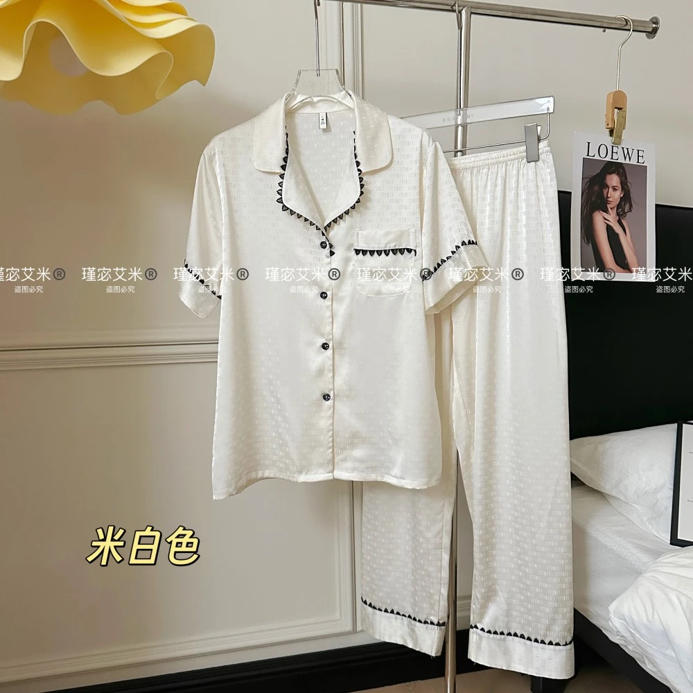 【神大英子】Amy 51607#睡衣短袖长裤开衫套装提花情侣家居服