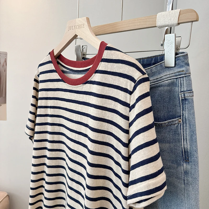 Julychee 复古雪花棉韩系撞色圆领条纹短袖T恤