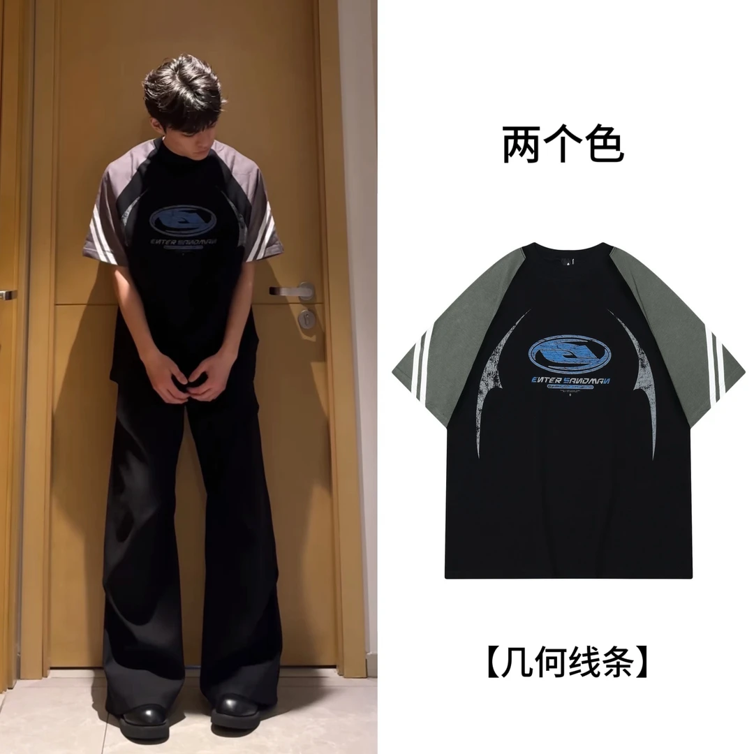 【几何线条】美式复古字母印花黑白拼接短袖上衣情侣宽松T恤