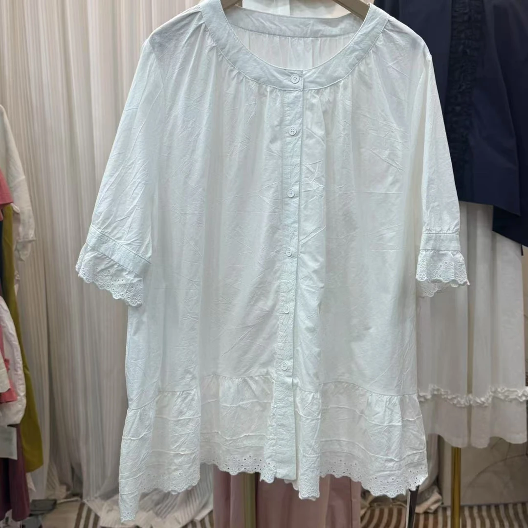 S8538 短袖常规衬衫夏季气质衬衫纯色蕾丝拼接