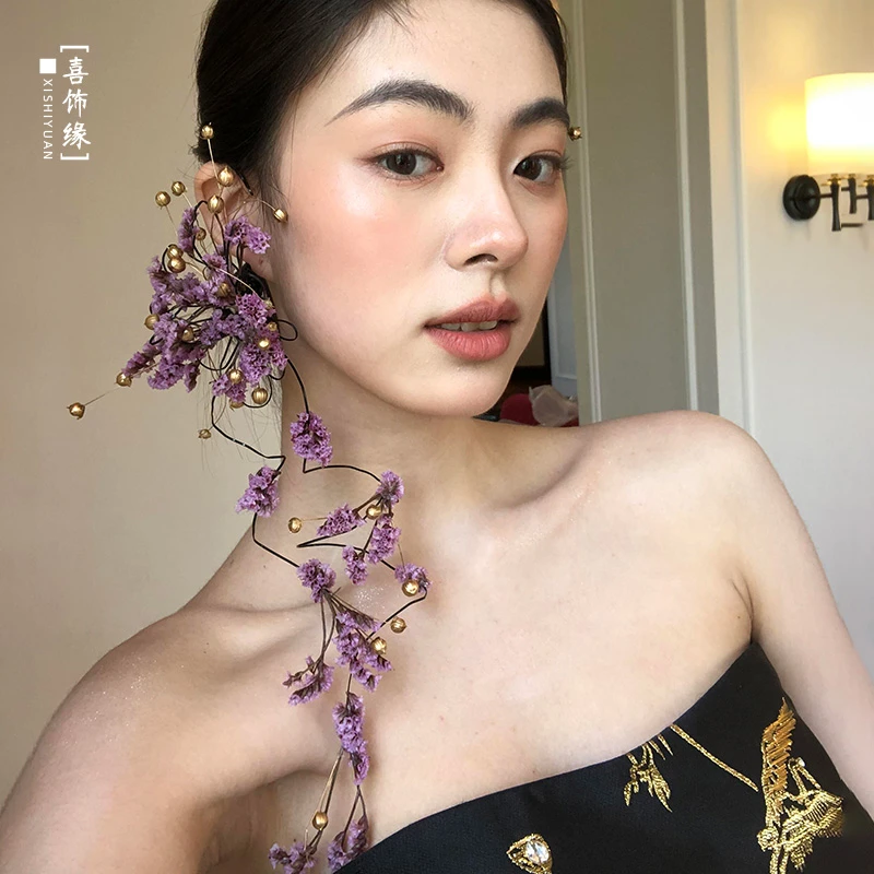 合金耳饰 新中式耳饰紫色小众干花耳挂高级晨袍旗袍耳环TF250471
