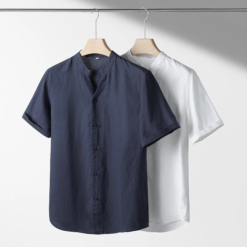 男士复古麻棉短袖开衫透气休闲上衣207夏季立领t恤男装polo衫棉麻