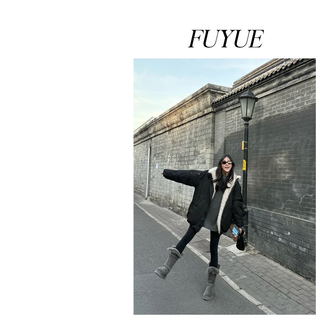 FUYUE赴约 品质灰色厚底高邦皮毛一体雪地靴加厚时尚休闲百搭