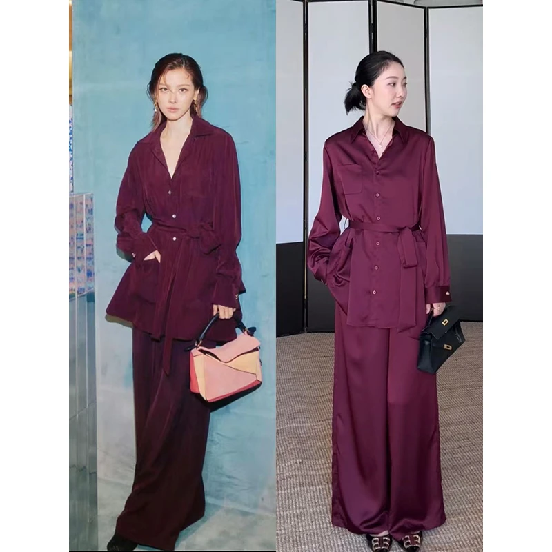 郭九九呢 气质紫系带收腰宽松显瘦缎面衬衫直筒阔腿裤 G925A11024