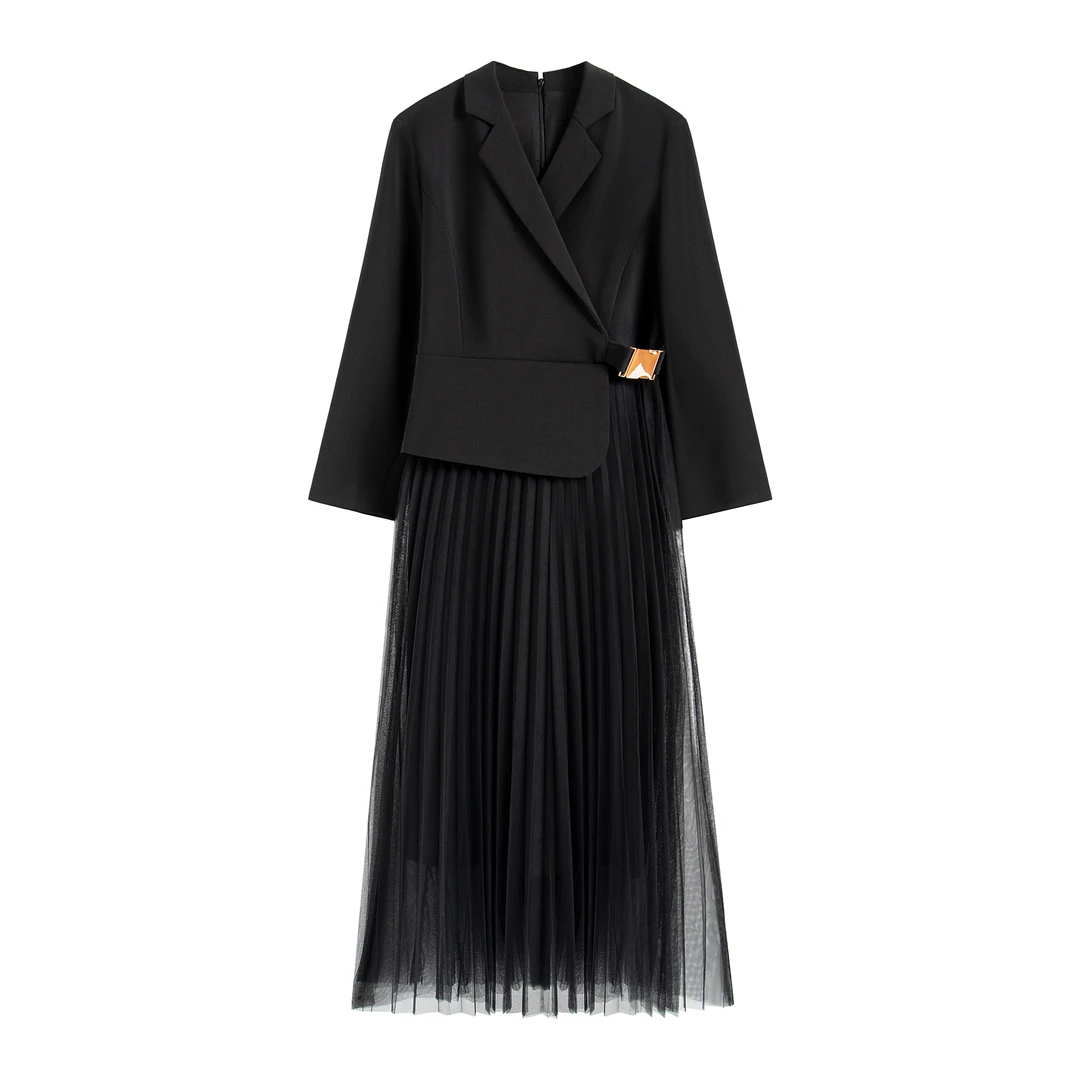 【南油虹姐】新款法式女装西服女式长袖假两件套西装连衣裙