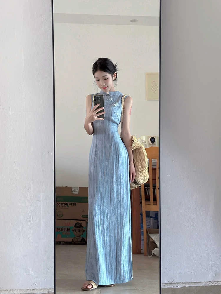 法式复古风改良旗袍连衣裙子女设计感新中式国风无袖条纹长裙夏季