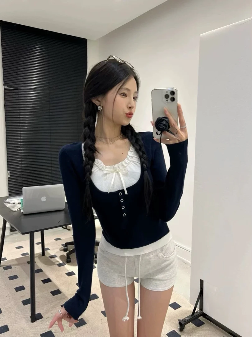 显瘦小众蝴蝶结上衣薄款针织衫拼接毛针织衫假两件甜美打底衫