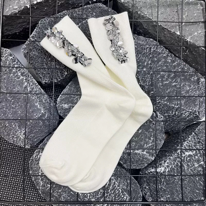 2025秋冬新款欧货袜子女个性潮袜重工钻条堆堆袜亮片饰品袜中筒袜