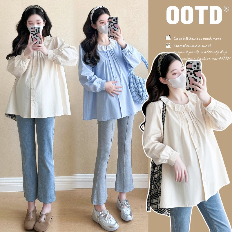 【晴晴】2025春季新款孕妇上衣时尚韩版长袖花边甜美宽松娃娃衫春秋